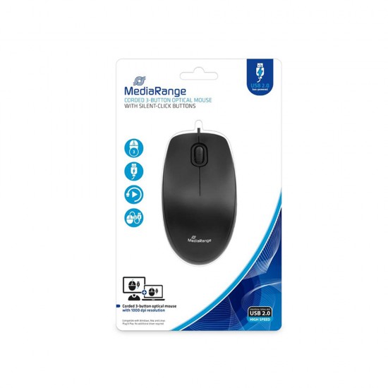 MediaRange Optical Mouse Corded 3-Button Silent-click (Black, Wired) (MROS212)