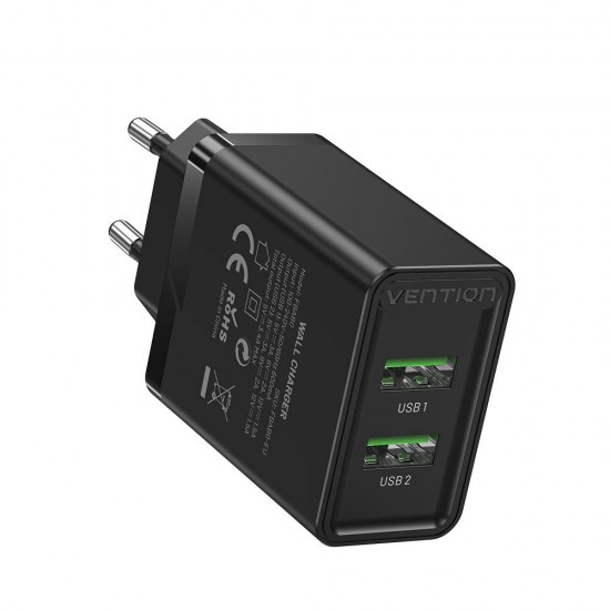 VENTION 2-Port USB (A+A) Wall Charger (18W/18W) EU Black (FBAB0-EU) (VENFBAB0-EU)