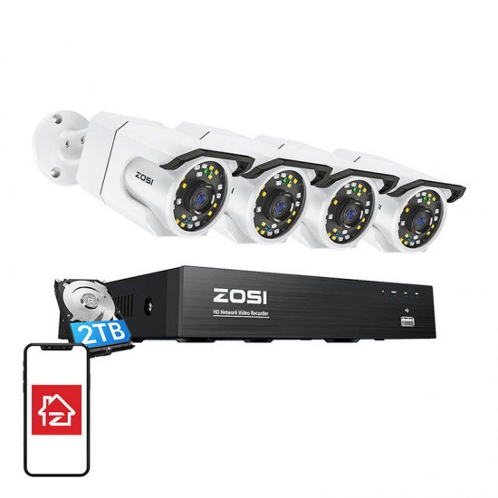 ZOSI Σετ Κάμερες Παρακολούθησης C105 WiFi 8MP + NVR 8ch + 2TB HDD 4τμχ (Λευκό)