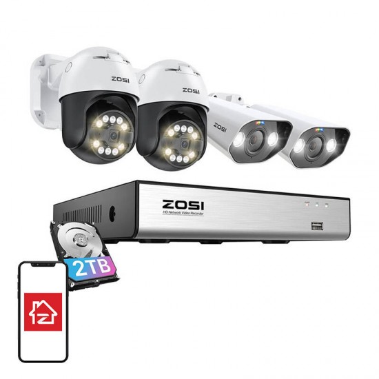 ZOSI Σετ 4 Κάμερες IP C296 WiFi 5MP 2τμχ & C182 WiFi 8MP 2 τμχ + NVR 8ch + 2TB HDD (Λευκό)