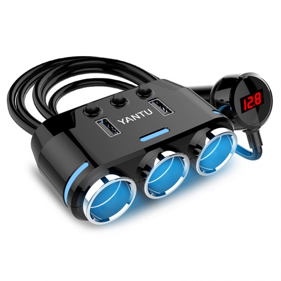 Car Cigarette Lighter Socket Splitter B39 Type C - 3 sockets + 2xUSB - 2,1A 100W with display and cable