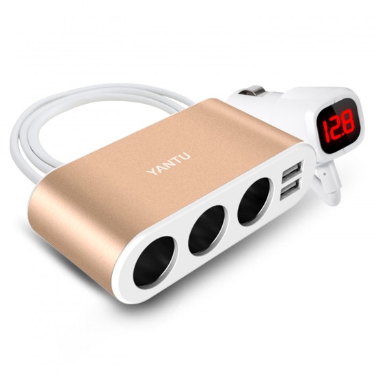 Car Cigarette Lighter Socket Splitter B08 - 3 sockets + 2xUSB - 3,1A 120W with display and cable gold