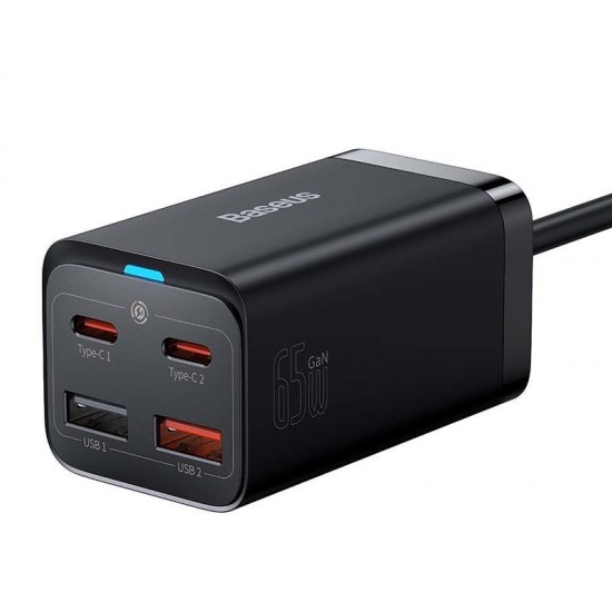 Baseus Φορτιστής 2 Θύρες USB-A 2 xUSB-C 65W PD / QC 4.0 GaN3 Pro + Καλώδιο USB C-USB C Μαύρος