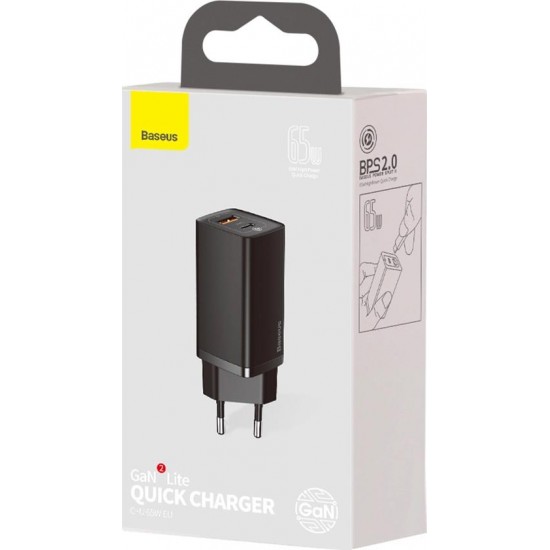 Baseus Φορτιστής USB-A + USB-C 65W Quick Charge 3.0 Μαύρος (CCGAN2L-B01)