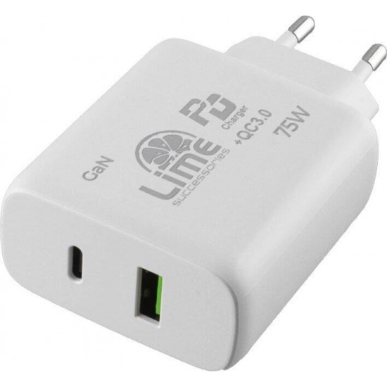 Lime Φορτιστής με Θύρα USB-A και USB-C 75W Power Delivery / Quick Charge 3.0 Λευκός (LTC75W)