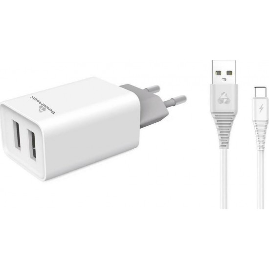 Powertech Φορτιστής με 2 Θύρες USB-A και Καλώδιο USB-C Λευκός (PT-776)